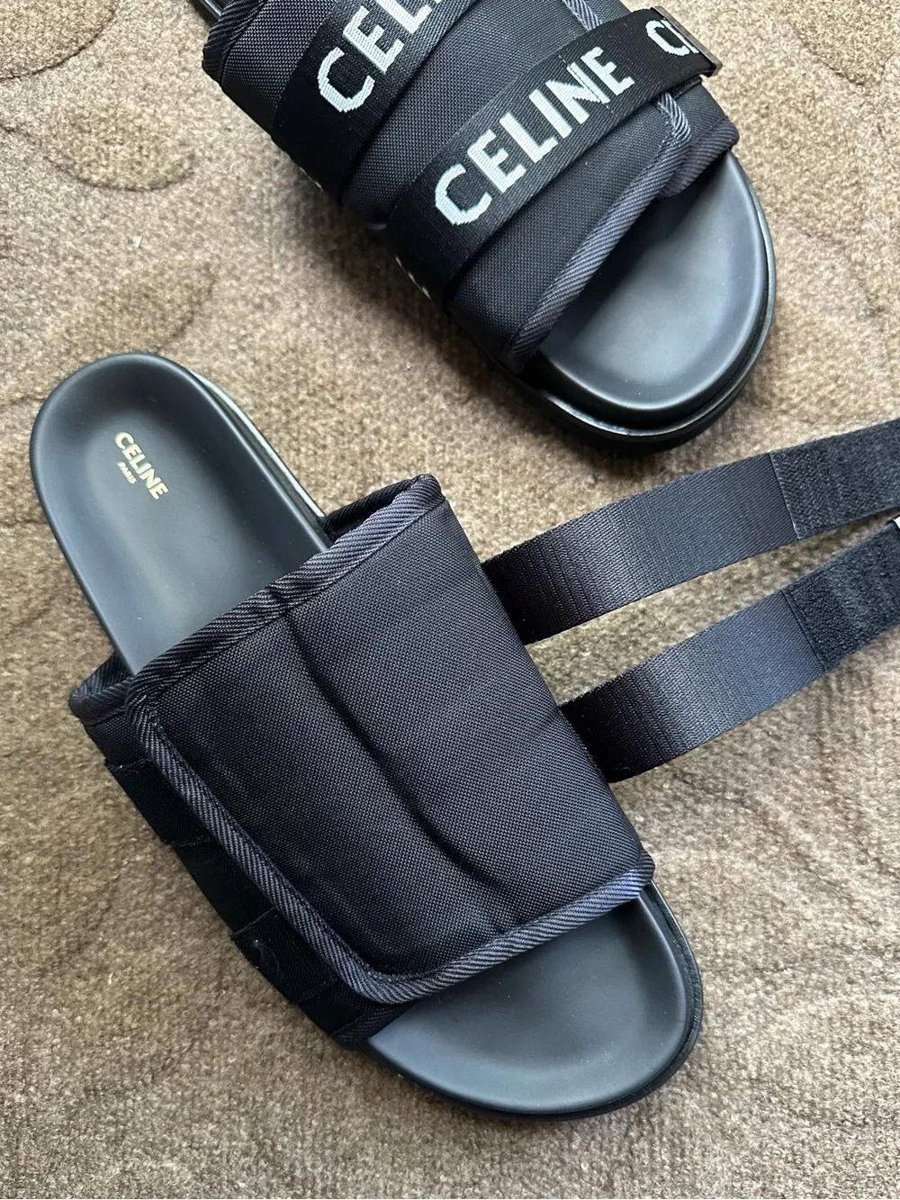 Celine Black Logo-Jacquard Canvas Sandals Men's Slide Sandals 12